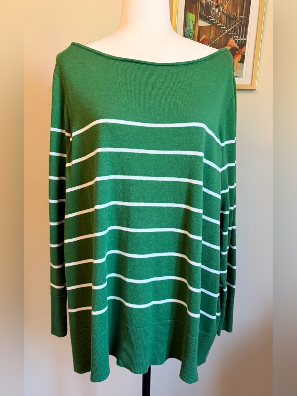 Penningtons Green and White Striped Boatneck Sweater